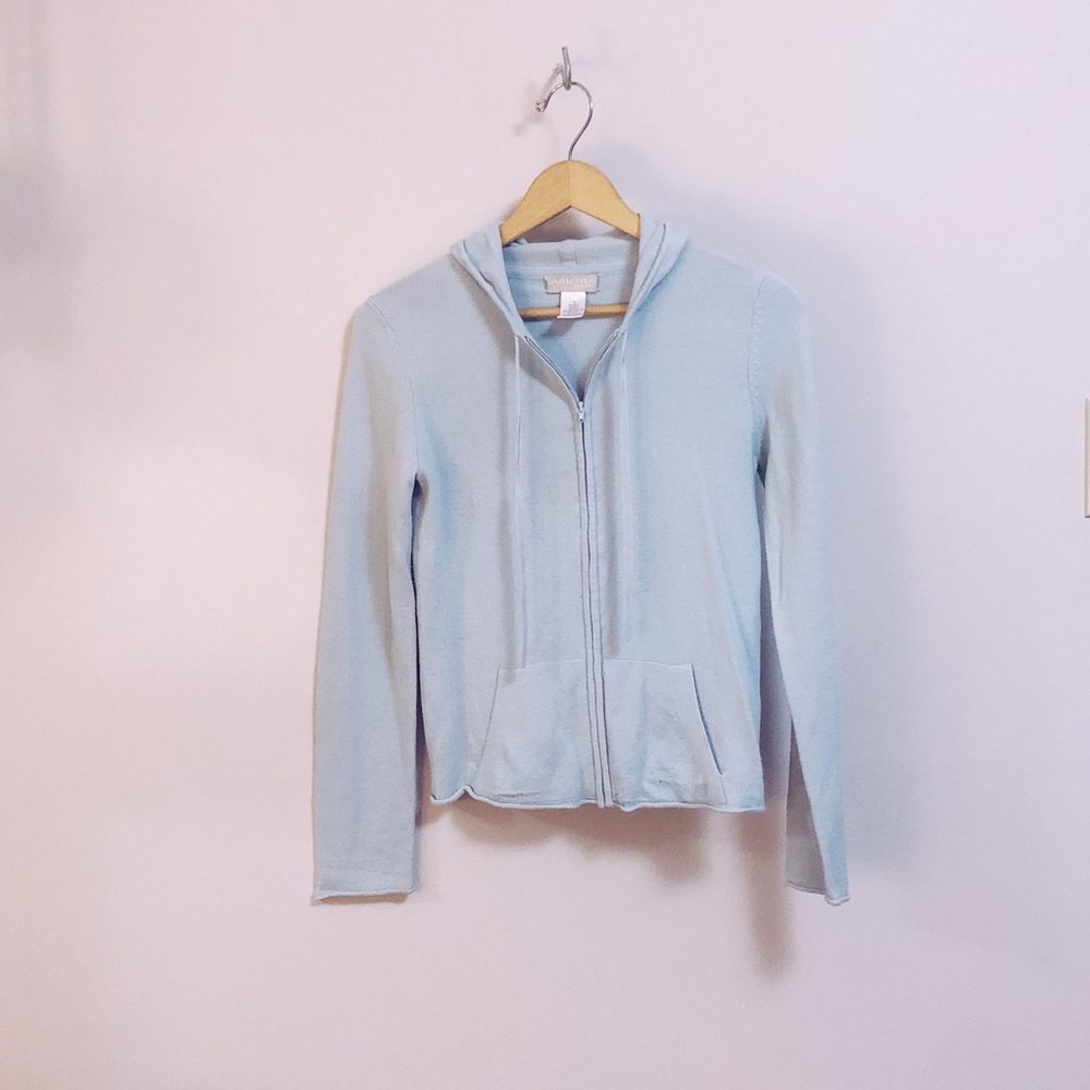 Light Blue Zip-up Hooded Sweater.